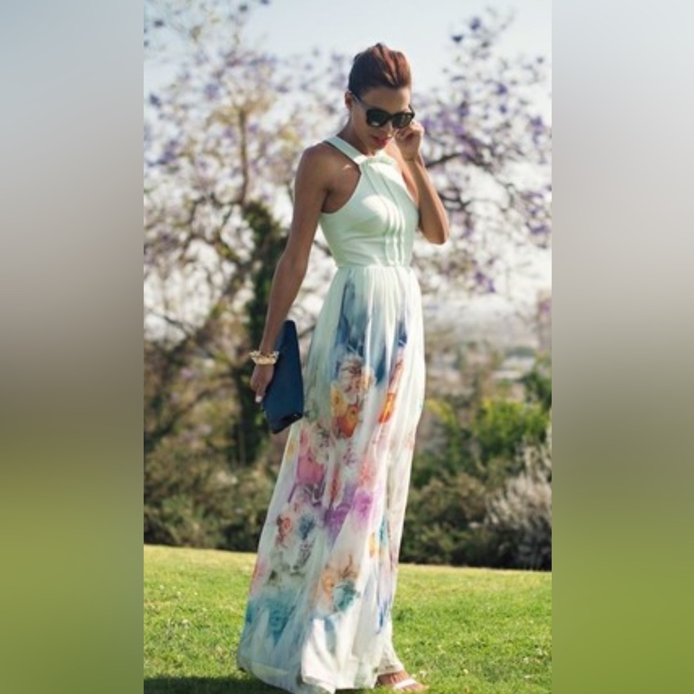 Ted Baker Pastel Mint Green Floral Maxi Dress Size 2